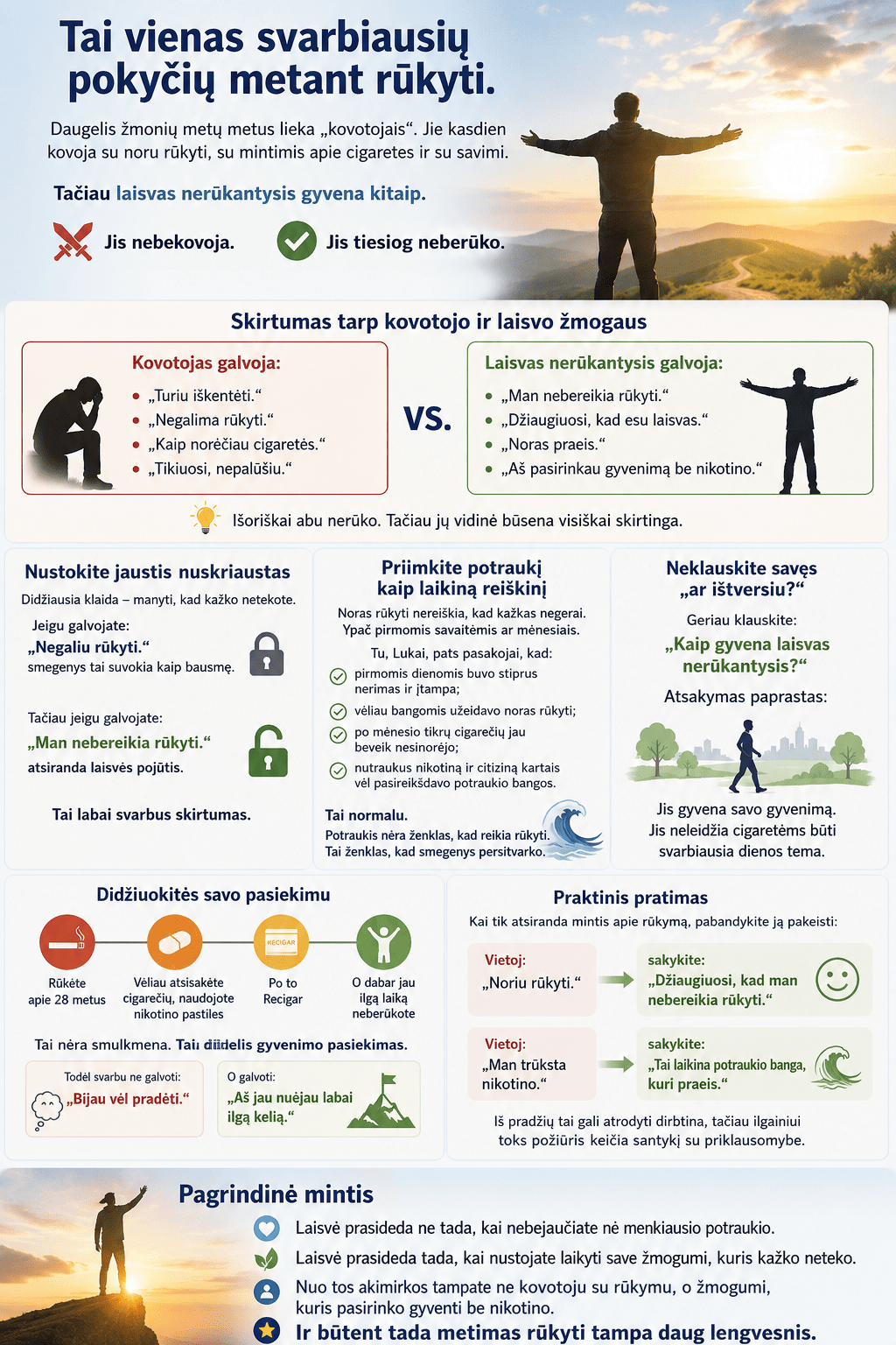 Infographic about quitting smoking in Lithuanian, showing pros and cons of smoking vs. quitting and steps to quit.